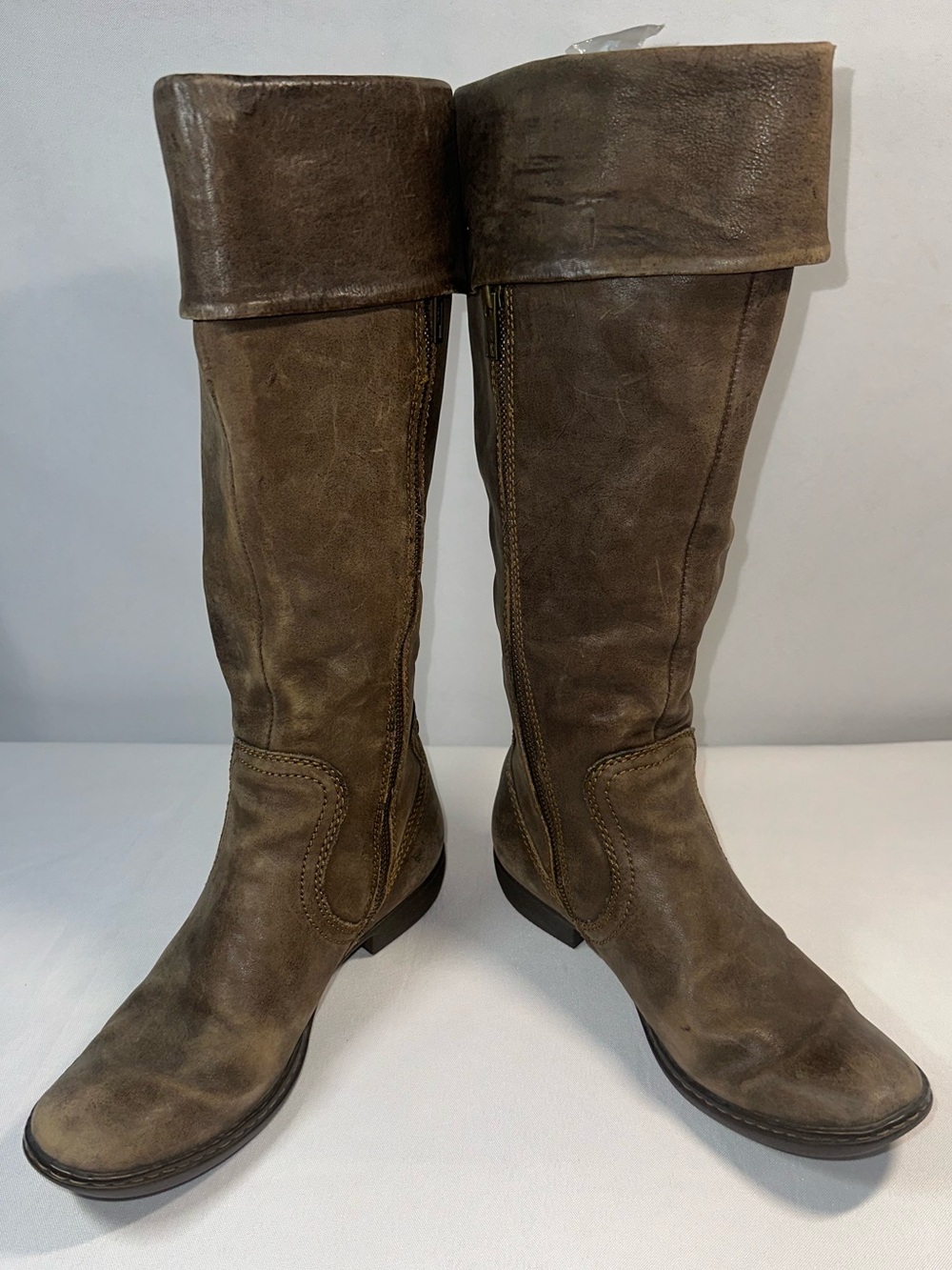 Born Women's 7 M Distressed Brown Leather Fold-Over Cuff Knee High Riding Boots
